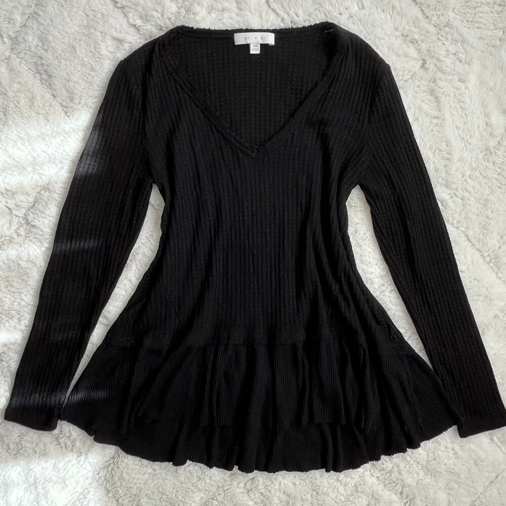 Black Waffle Knit Peplum Tunic Top